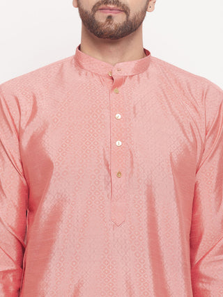 VM BY VASTRAMAY Men's Pink Square Woven Design Silk Blend Kurta With White Pyjama Set
