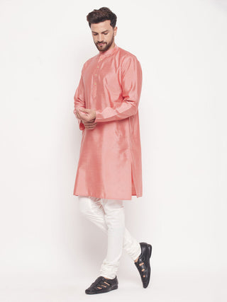 VM BY VASTRAMAY Men's Pink Square Woven Design Silk Blend Kurta With Cream Pyjama Set