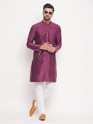 VM BY VASTRAMAY Men's Purple Square Woven Silk Blend Kurta With White Pyjama Set