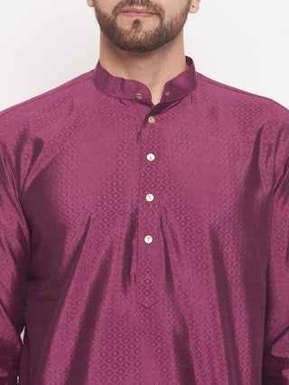 VM BY VASTRAMAY Men's Purple Square Woven Design Silk Blend Kurta With Cream Pyjama Set