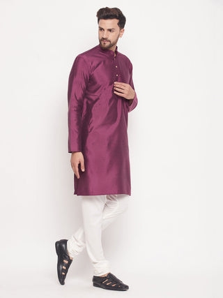 VM BY VASTRAMAY Men's Purple Square Woven Design Silk Blend Kurta With Cream Pyjama Set