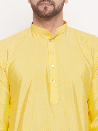 VM BY VASTRAMAY Men's Yellow Square Woven Silk Blend Kurta With White Pyjama Set