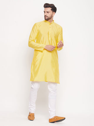 VM BY VASTRAMAY Men's Yellow Square Woven Silk Blend Kurta With White Pyjama Set