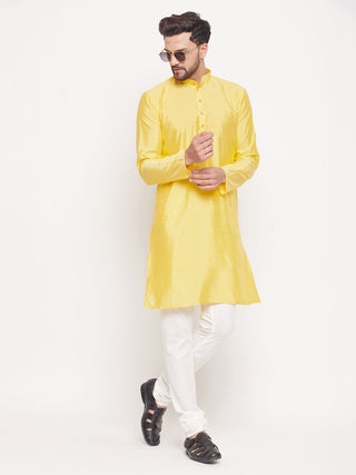 VM BY VASTRAMAY Men's Yellow Square Woven Design Silk Blend Kurta With Cream Pyjama Set