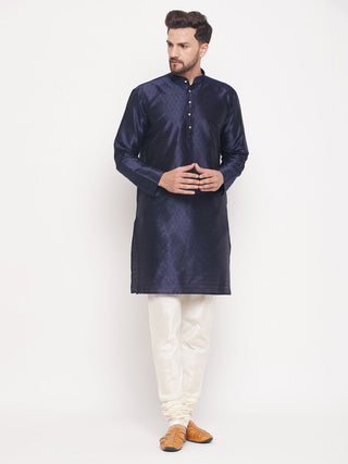 VM BY VASTRAMAY Men's Navy Blue Woven Kurta Pyjama Set