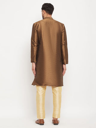 VM BY VASTRAMAY Men's Coffee Silk Blend Kurta and Gold Pant Style Pyjama Set