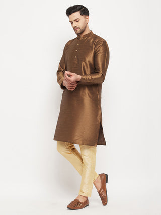 VM BY VASTRAMAY Men's Coffee Silk Blend Kurta and Gold Pant Style Pyjama Set