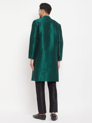 VM BY VASTRAMAY Men's Green Cotton Silk Blend Kurta and Black Pant Style Pyjama Set