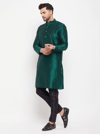 VM BY VASTRAMAY Men's Green Cotton Silk Blend Kurta and Black Pant Style Pyjama Set