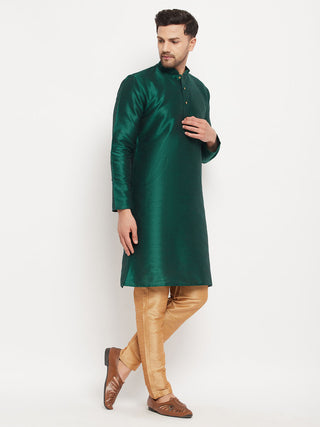 VM BY VASTRAMAY Men's Green Cotton Silk Blend Kurta and Rose Gold Pant Style Pyjama Set
