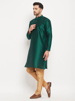 VM BY VASTRAMAY Men's Green Cotton Silk Blend Kurta and Rose Gold Pant Style Pyjama Set