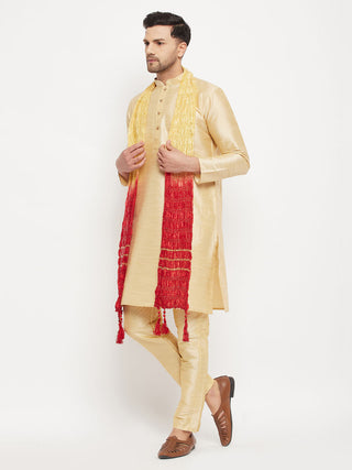 VM BY VASTRAMAY Men's Gold Cotton Silk Blend Kurta and Gold Pant Style Pyjama Set With Dupatta