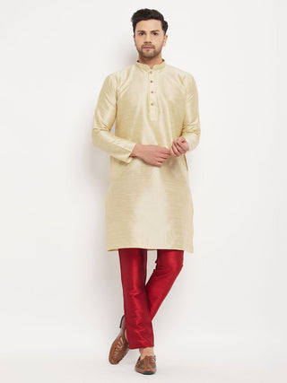 VM BY VASTRAMAY Men's Gold Cotton Silk Blend Kurta and Maroon Pant Style Pyjama Set