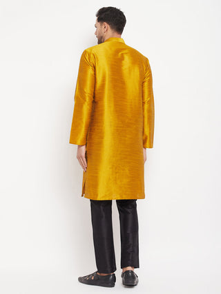 VM BY VASTRAMAY Men's Mustard Silk Blend Kurta and Black Pant Style Pyjama Set