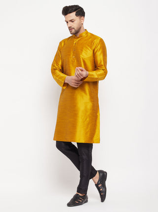 VM BY VASTRAMAY Men's Mustard Silk Blend Kurta and Black Pant Style Pyjama Set