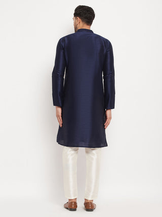VM BY VASTRAMAY Men's Navy Blue Silk Blend Kurta and Cream Pant Style Pyjama Set