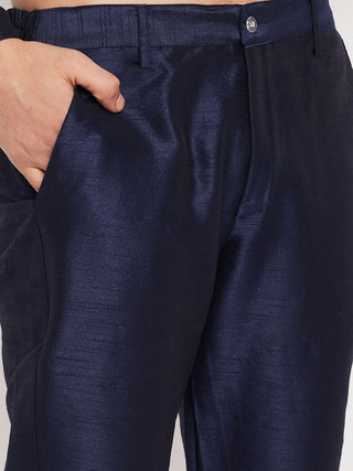 VM BY VASTRAMAY Men's Navy Blue Silk Blend Kurta and Navy Blue Pant Style Pyjama Set