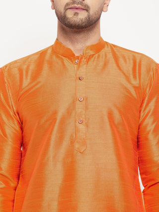 VM BY VASTRAMAY Men's Orange Silk Blend Kurta and Maroon Pant Style Pyjama Set