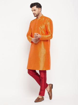 VM BY VASTRAMAY Men's Orange Silk Blend Kurta and Maroon Pant Style Pyjama Set