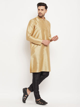 VM BY VASTRAMAY Men's Rose Gold Silk Blend Kurta and Black Pant Style Pyjama Set