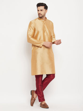 VM BY VASTRAMAY Men's Rose Gold Silk Blend Kurta and Maroon Pant Style Pyjama Set