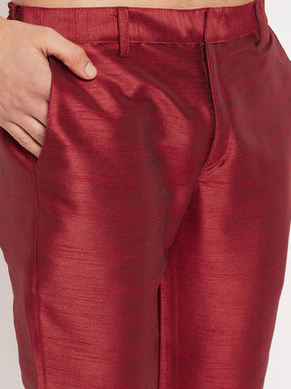 VM BY VASTRAMAY Men's Rose Gold Silk Blend Kurta and Maroon Pant Style Pyjama Set