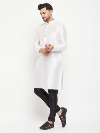 VM BY VASTRAMAY Men's White Cotton Silk Blend Kurta and Black Pant Style Pyjama Set