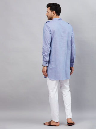 VM By VASTRAMAY Men's Blue Cotton Blend Kurta and White Pant Set