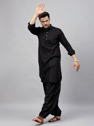 VM BY VASTRAMAY Men's Black Cotton Blend Pathani Suit Set