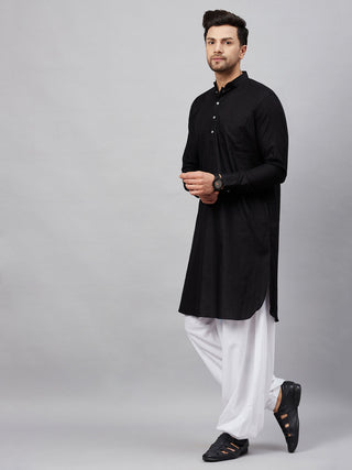 VM BY VASTRAMAY Men's Black Cotton Blend Pathani Suit Set