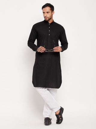 VM BY VASTRAMAY Men's Black And White Cotton Blend Pathani Suit Set