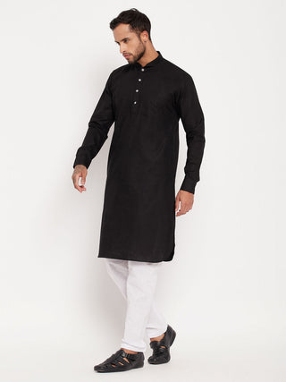 VM BY VASTRAMAY Men's Black And White Cotton Blend Pathani Suit Set