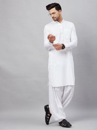 VM BY VASTRAMAY Men's White Cotton Blend Pathani Suit Set