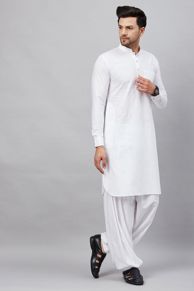 VM BY VASTRAMAY Men's White Cotton Blend Pathani Suit Set – vastramay