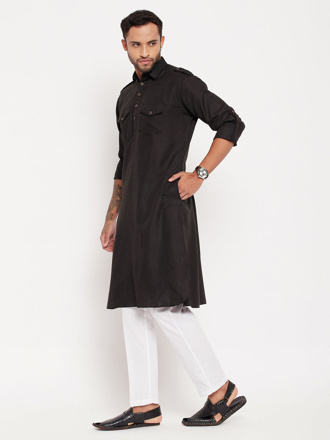 Men's Black Pathani Suit With White Pant Set