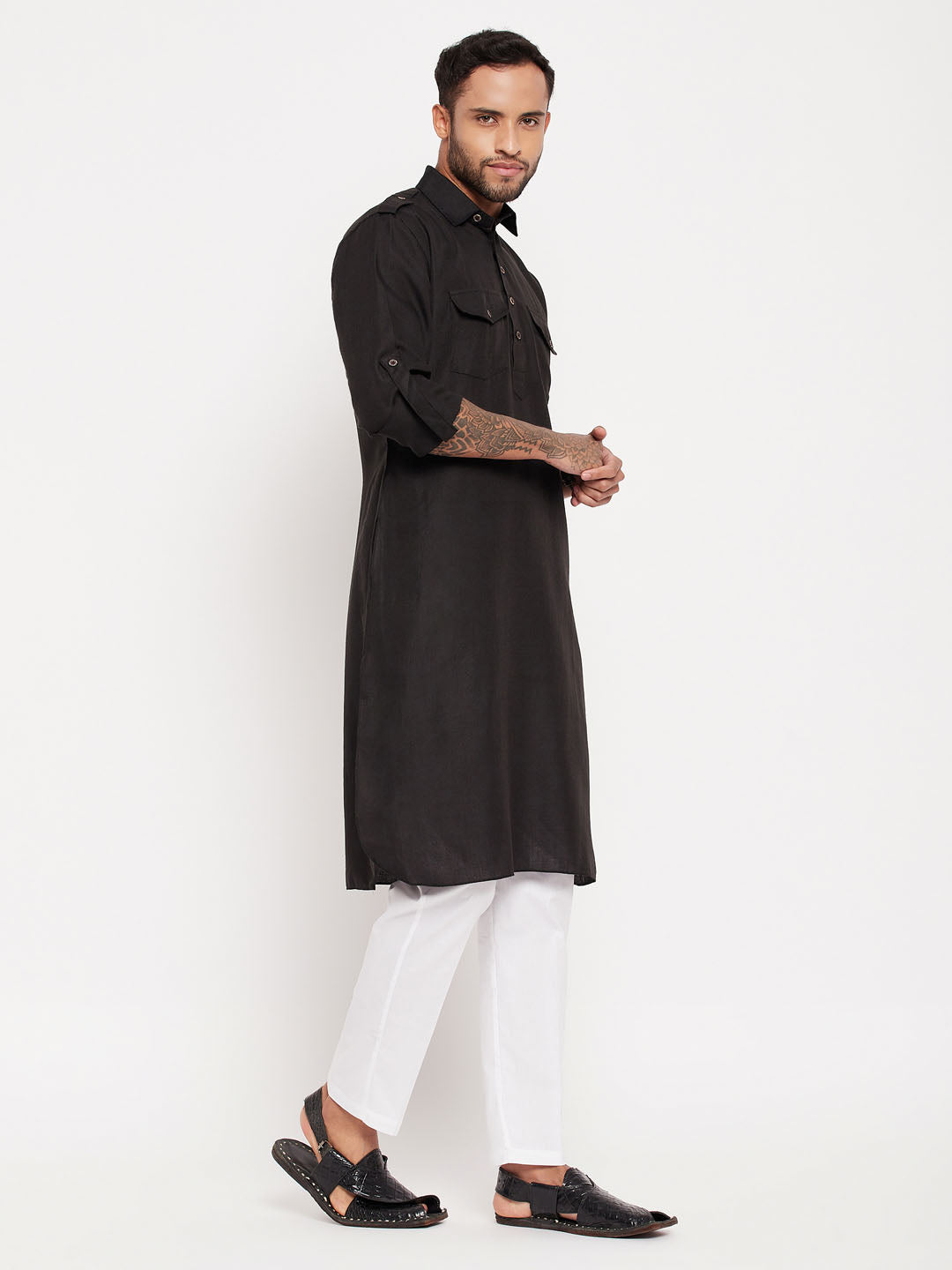 Men's Black Pathani Suit With White Pant Set