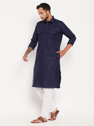 VM BY VASTRAMAY Men's Blue And White Cotton Blend Pathani Suit Set