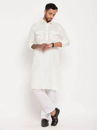 VM BY VASTRAMAY Men's Cream And White Cotton Blend Pathani Suit Set