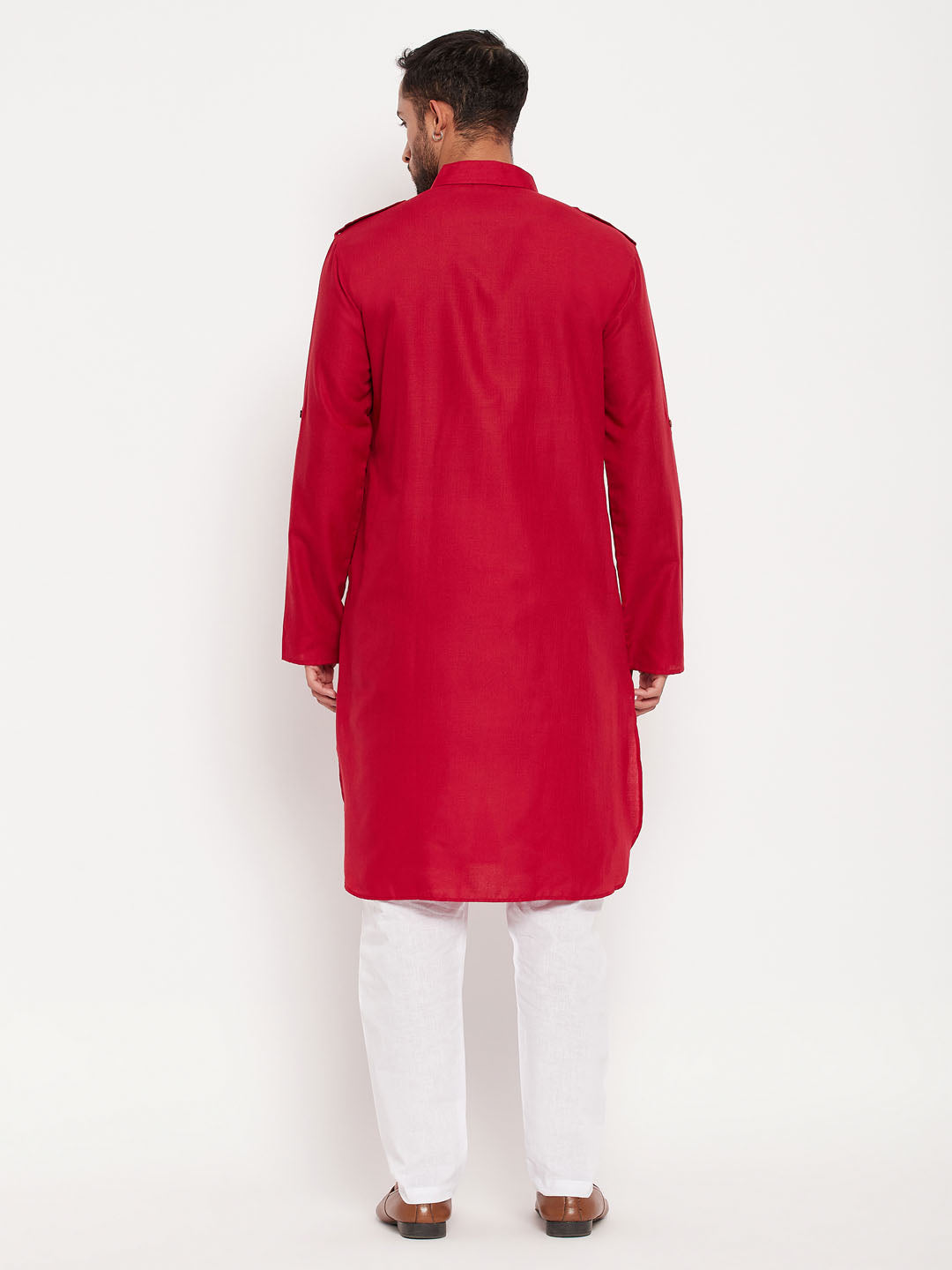 Men's Maroon And White Cotton Blend Pathani Suit Set