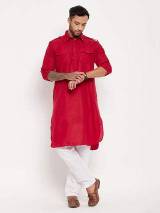 VM BY VASTRAMAY Men's Maroon And White Cotton Blend Pathani Suit Set