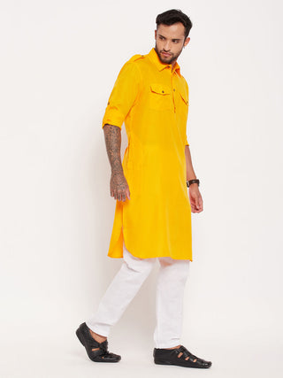 VM BY VASTRAMAY Men's Mustard And White Cotton Blend Pathani Suit Set