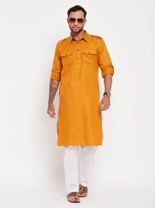 VM BY VASTRAMAY Men's Rust And White Cotton Blend Pathani Suit Set