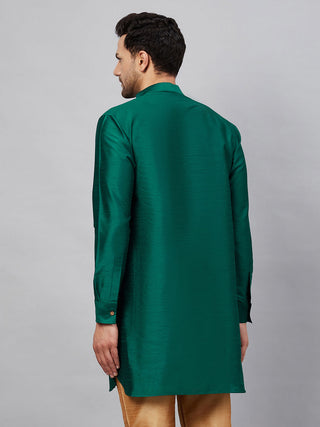 VM By VASTRAMAY Men's Green Silk Blend Curved Kurta