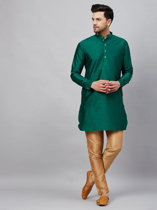 VM By VASTRAMAY Men's Green Silk Blend Curved Kurta Pant Set
