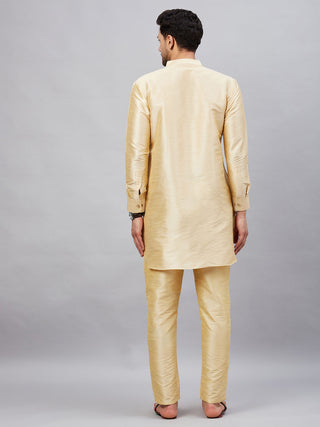 VM By VASTRAMAY Men's Gold Silk Blend Curved Kurta Pant Set