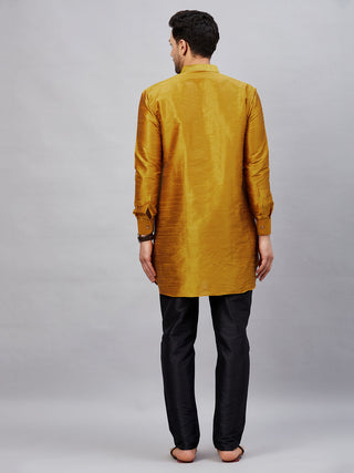 VM By VASTRAMAY Men's Mustard Silk Blend Curved Kurta Pant Set