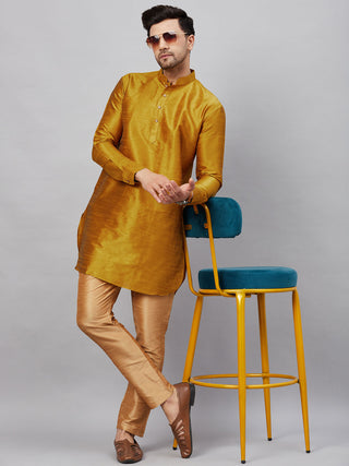 VM By VASTRAMAY Men's Mustard Silk Blend Curved Kurta Pant Set