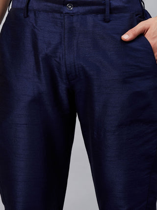 VM By VASTRAMAY Men's Navy Blue Silk Blend Curved Kurta Pant Set