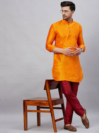 VM By VASTRAMAY Men's Orange Silk Blend Curved Kurta