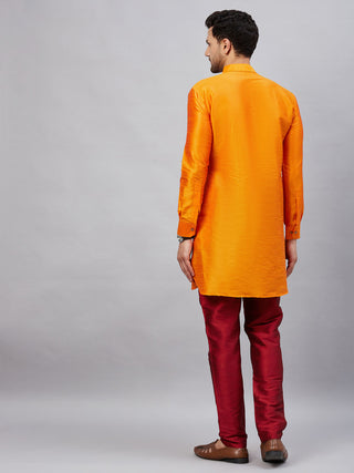 VM By VASTRAMAY Men's Orange Silk Blend Curved Kurta Pant Set